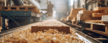 A conveyor belt in a woodworking shop, with wooden planks being cut, sanded, and assembled into furniture.の素材