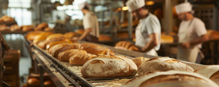 A conveyor belt transporting freshly baked bread in a bakery, with bakers working in the background and the smell of fresh bread in the air.の素材