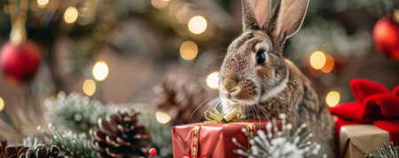 A happy rabbit holding a small Christmas gift box, surrounded by festive decorations and a holiday backdrop.の素材