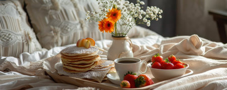 A cozy breakfast in bed with a tray holding a stack of pancakes, a bowl of fresh fruit, a cup of coffee, and a small vase with flowers.の素材
