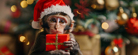 A playful monkey wearing a Santa hat, holding a small Christmas gift box, with a backdrop of holiday decorations.の素材