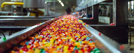 A conveyor belt in a candy factory, with colorful candies being sorted and packed, evoking a sense of joy and nostalgia.の素材