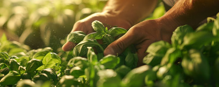 A close-up of hands gathering basil leaves, with a backdrop of more basil plants and sunlight filtering through.の素材