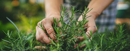 A close-up of hands gathering rosemary sprigs, with a garden backdrop and soft natural light.の素材