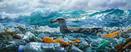 A polluted ocean scene with a bird struggling in a tangle of plastic waste. The background is left clear for copy space, emphasizing the need for action.の素材