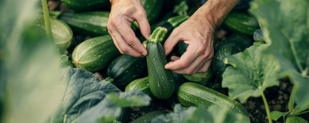 A close-up of hands harvesting zucchini from a plant, with large green leaves and more zucchinis in the background.の素材