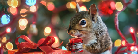 A cute squirrel holding a small Christmas gift box, with a festive background of holiday lights and decorations.の素材