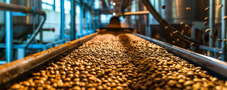 A conveyor belt in a coffee processing plant, with beans being roasted, ground, and packaged for sale.の素材