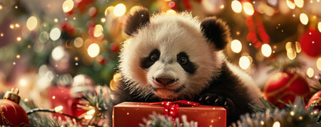A playful panda cub with a Christmas gift box, surrounded by festive decorations and twinkling lights.の素材