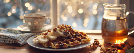 A cozy breakfast nook with a plate of homemade waffles topped with sliced bananas, chopped nuts, and a drizzle of chocolate sauce, with a mug of hot tea.の素材