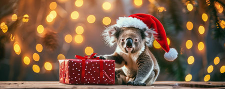 A cute koala wearing a Santa hat, sitting next to a Christmas gift box, with a festive background of holiday lights.の素材
