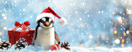 A cute penguin chick wearing a Santa hat, standing next to a Christmas gift box, with a snowy landscape and holiday decorations.の素材