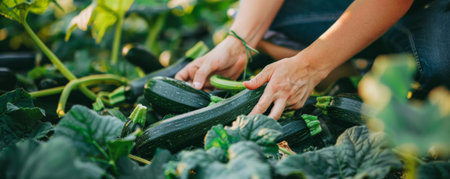 A close-up of hands harvesting zucchini from a plant, with large green leaves and more zucchinis in the background.の素材