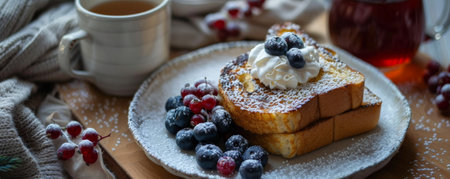 A cozy breakfast scene with a plate of French toast topped with powdered sugar, fresh blueberries, and a dollop of whipped cream, served with a mug of hot tea.の素材