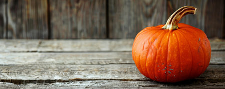A bright orange pumpkin with a rustic wooden background, perfect for autumn celebrations. Plenty of copy space on the right for adding text or logos.の素材