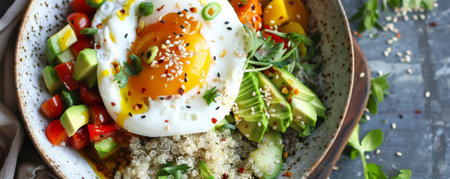 A healthy breakfast bowl with quinoa, roasted vegetables, avocado, and a poached egg, drizzled with tahini sauce.の素材