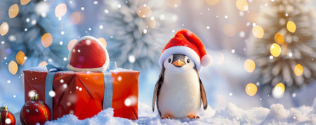 A cute penguin chick wearing a Santa hat, standing next to a Christmas gift box, with a snowy landscape and holiday decorations.の素材