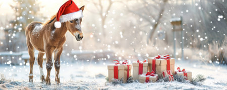 A happy horse foal wearing a Santa hat, standing next to a pile of Christmas gift boxes in a snowy field.の素材