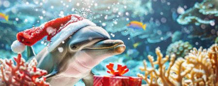 A happy dolphin wearing a Santa hat, holding a Christmas gift box in its mouth, with an underwater festive scene.の素材