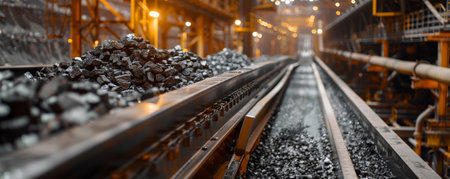 A conveyor belt in a coal mining facility, with chunks of coal being transported for further processing, highlighting the raw industrial environment.の素材