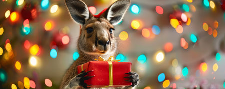 A joyful kangaroo holding a small Christmas gift box, with a festive backdrop of holiday lights and decorations.の素材