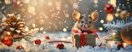 A cute mouse holding a small Christmas gift box, surrounded by holiday decorations and twinkling lights.の素材