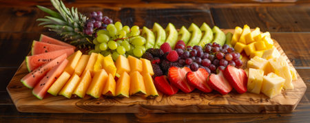 A fresh fruit platter featuring a variety of sliced melons, berries, pineapple, and grapes, arranged beautifully on a wooden board.の素材
