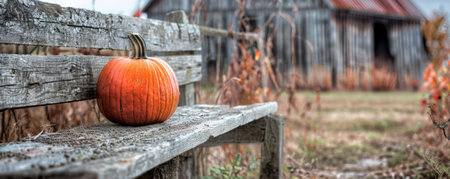 A pumpkin sitting on a rustic, weathered bench with a faded barn in the background. Ample copy space is provided on the left side of the poster.の素材