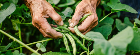 A close-up of hands picking green beans from a vine, with a background of lush green foliage.の素材
