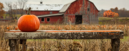 A pumpkin sitting on a rustic, weathered bench with a faded barn in the background. Ample copy space is provided on the left side of the poster.の素材
