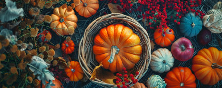 A vibrant pumpkin placed in a basket with other autumn harvest items. The top portion of the poster is free for adding any text or branding.の素材