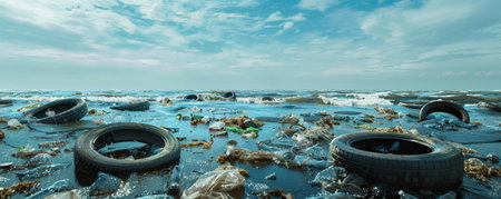 A polluted ocean with a variety of garbage including old tires and plastic bags, highlighting the extent of pollution. The sky above is clear for copy space.の素材
