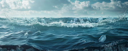 A polluted ocean scene with plastic waste floating among the waves, emphasizing the urgent need for clean-up. The top half of the poster has ample space for text or graphics.の素材
