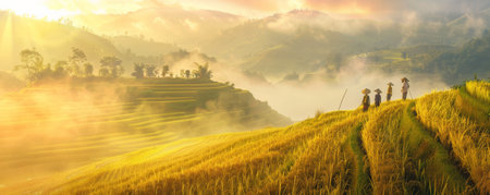 A group of farmers harvesting rice in a terraced field at sunrise, with mist rolling over the hills in the background.の素材