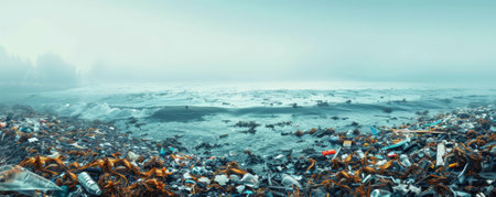 A shoreline covered in ocean pollution with plastic waste and other garbage. The background fades into the distance, providing space for text.の素材