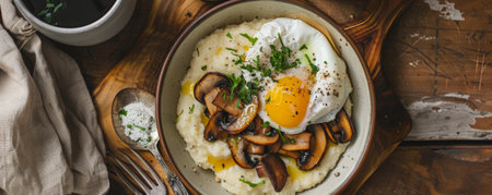 A comforting breakfast scene with a bowl of creamy polenta topped with sautÃÂ©ed mushrooms and a poached egg, accompanied by a mug of black coffee.の素材