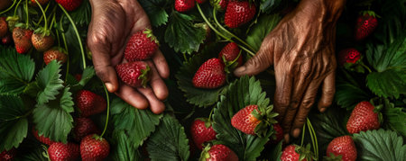A close-up of hands harvesting strawberries, with vibrant red berries contrasting against the green leaves.の素材