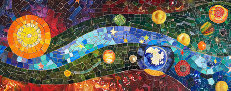 Colorful mosaic with a celestial theme, using bright colors to depict stars, planets, and galaxies in a dynamic pattern.の素材