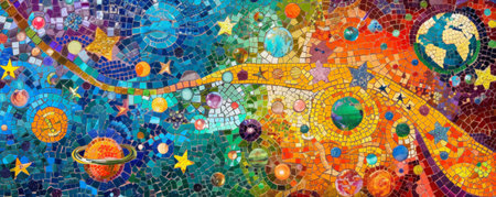 Colorful mosaic with a celestial theme, using bright colors to depict stars, planets, and galaxies in a dynamic pattern.の素材