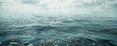 A polluted ocean with large patches of floating debris and a distant shoreline. The upper part of the poster is left blank for environmental messages.の素材