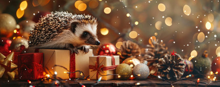 A happy hedgehog sitting atop a stack of Christmas gift boxes, with a backdrop of holiday ornaments and fairy lights.の素材