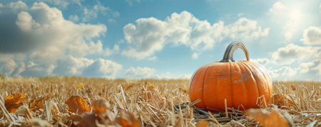 A plump pumpkin sitting in a field of hay with an open sky backdrop. The upper part of the poster provides generous copy space for seasonal messages.の素材