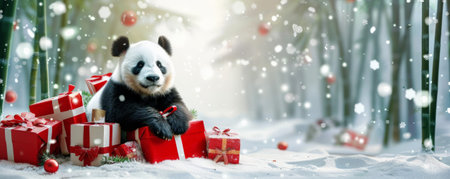 A cute panda bear sitting next to a pile of Christmas gift boxes, with a snowy bamboo forest in the background.の素材