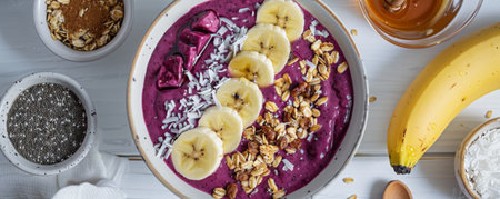 A vibrant smoothie bowl with blended acai, topped with banana slices, granola, chia seeds, and shredded coconut, served with a side of honey.の素材
