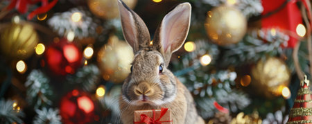 A happy rabbit holding a small Christmas gift box, surrounded by festive decorations and a holiday backdrop.の素材