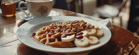 A cozy breakfast nook with a plate of homemade waffles topped with sliced bananas, chopped nuts, and a drizzle of chocolate sauce, with a mug of hot tea.の素材