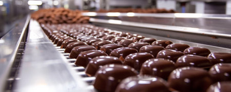 A conveyor belt in a chocolate factory, with chocolates being carefully arranged and packaged, evoking a sense of sweetness and delight.の素材