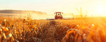 A tractor harvesting corn in a large field, with golden cornstalks and a clear sky in the background.の素材