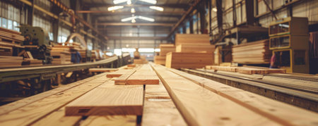 A conveyor belt in a woodworking shop, with wooden planks being cut, sanded, and assembled into furniture.の素材