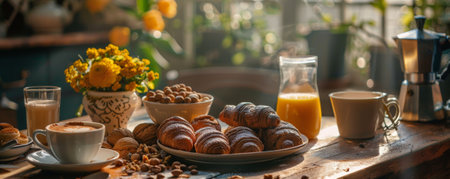 A decadent breakfast spread with chocolate croissants, a bowl of mixed nuts, a glass of orange juice, and a steaming cup of cappuccino.の素材